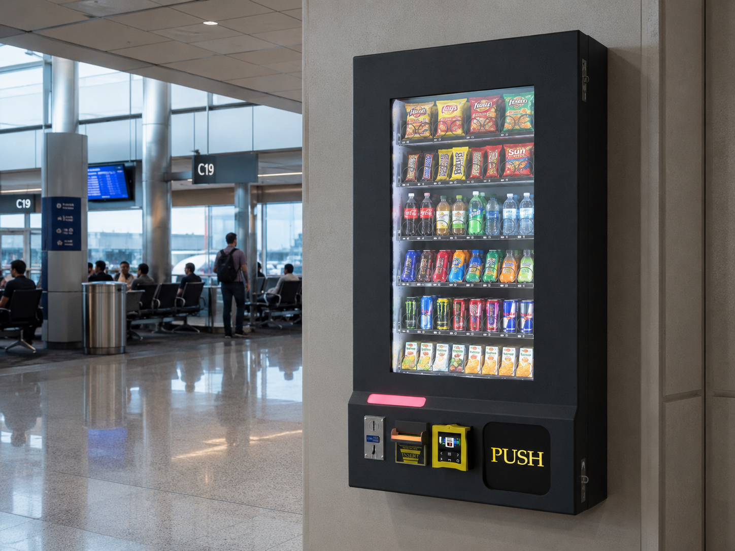 Slim wall-mounted snack and drink vending machine in an airport terminal