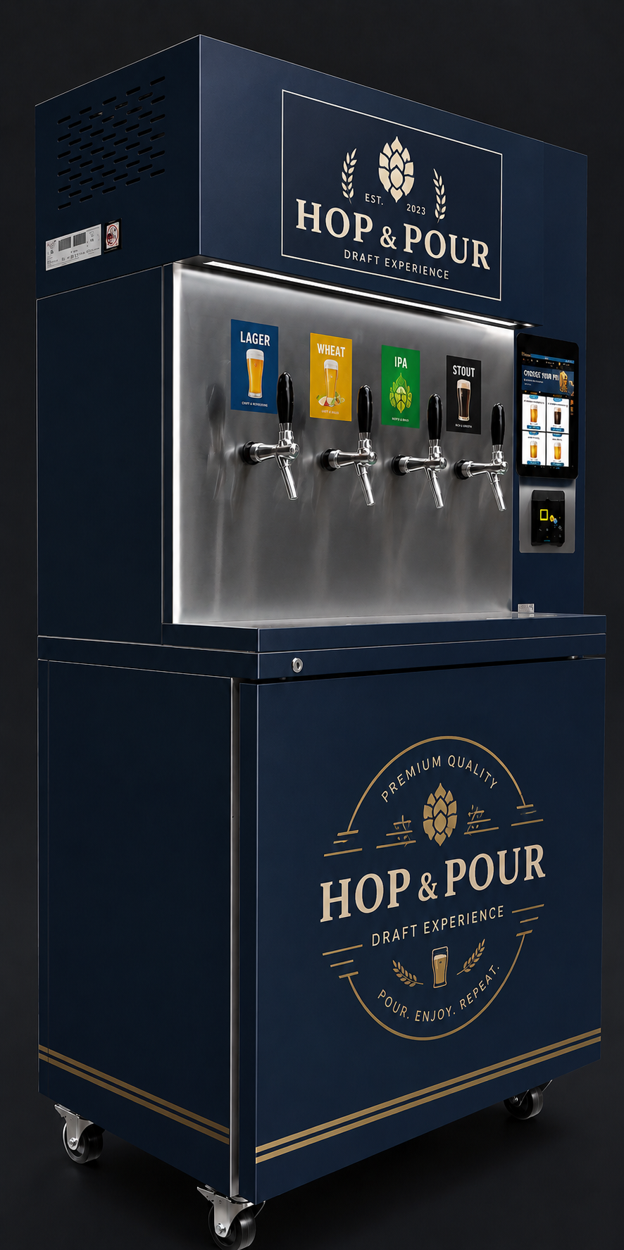 Hop and Pour branded draft beer tap vending machine