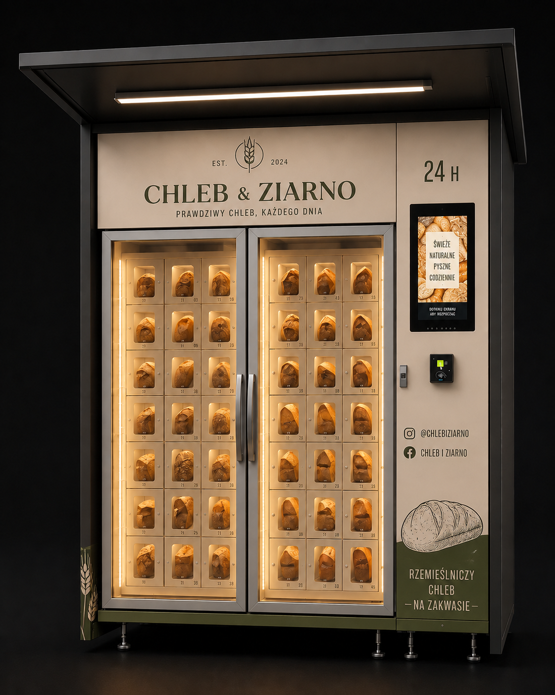 Chleb and Ziarno 24 hour outdoor bread vending kiosk with awning