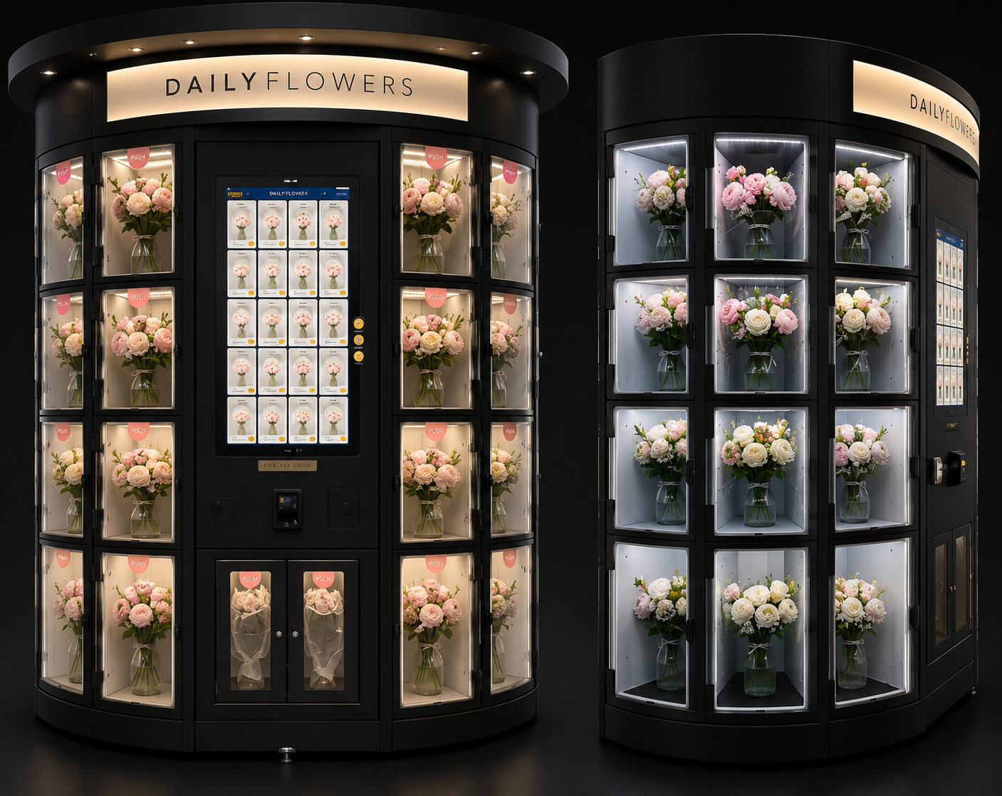Daily Flowers branded fresh flower vending kiosk with lit glass compartments