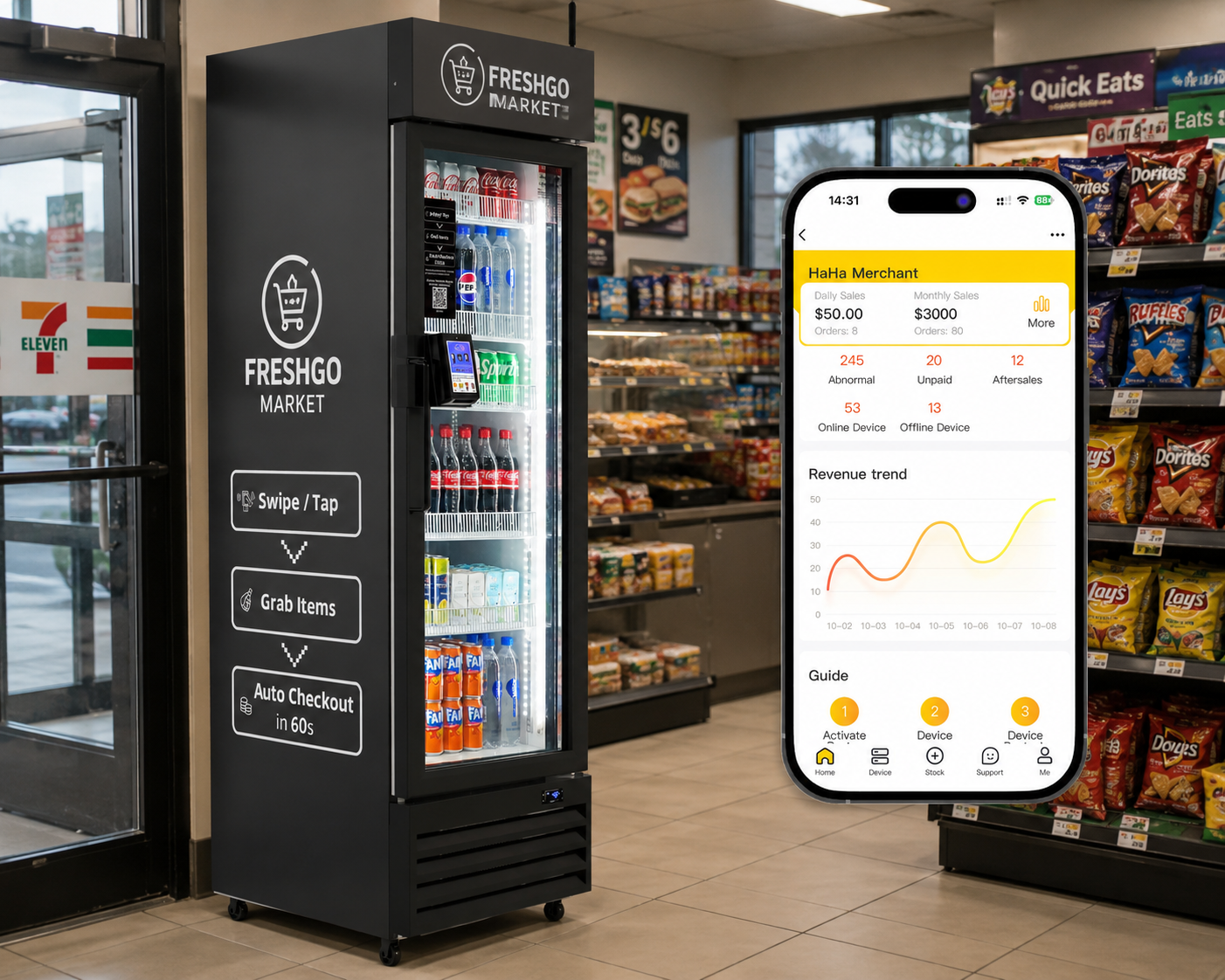 FreshGo Market smart fridge vending machine with merchant app