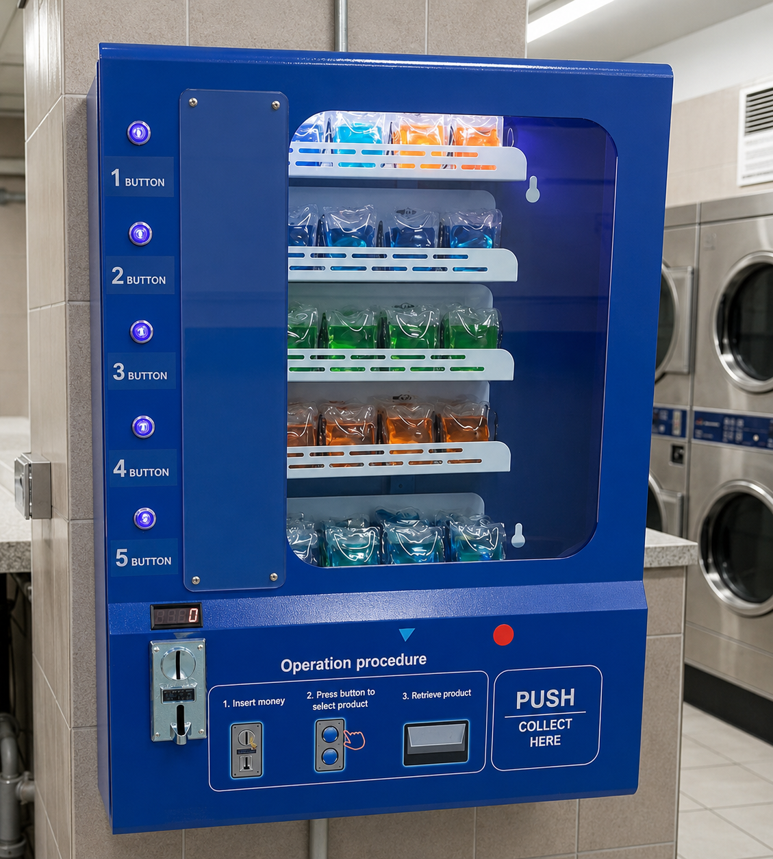 Blue detergent pod vending machine in a laundromat