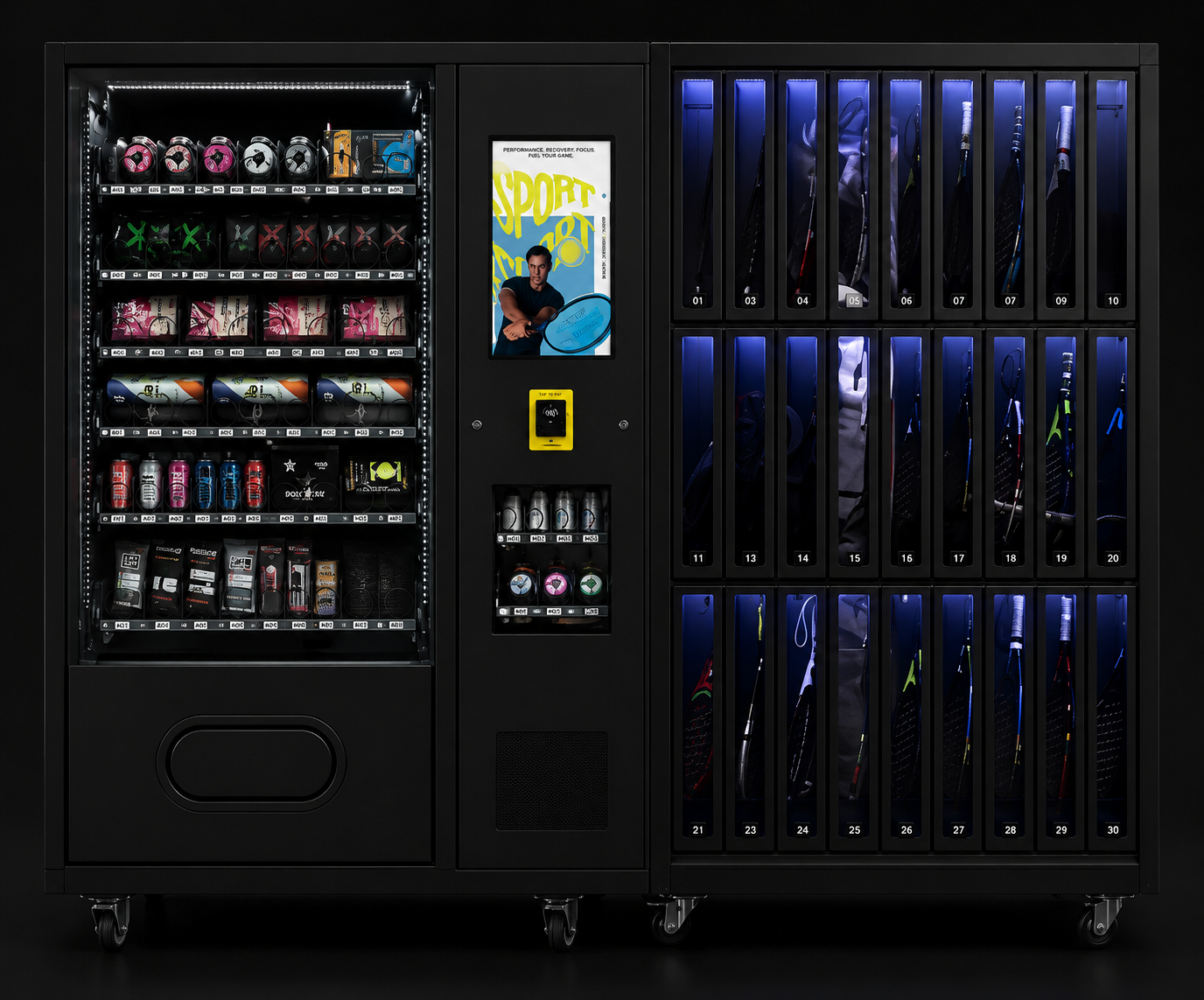 Sport club vending unit with drinks, gear, and racket rental lockers